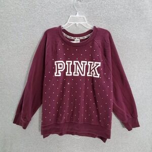 Pink Victoria Secret Women Sweater Large Maroon Fleece Logo Rhinestone All Over